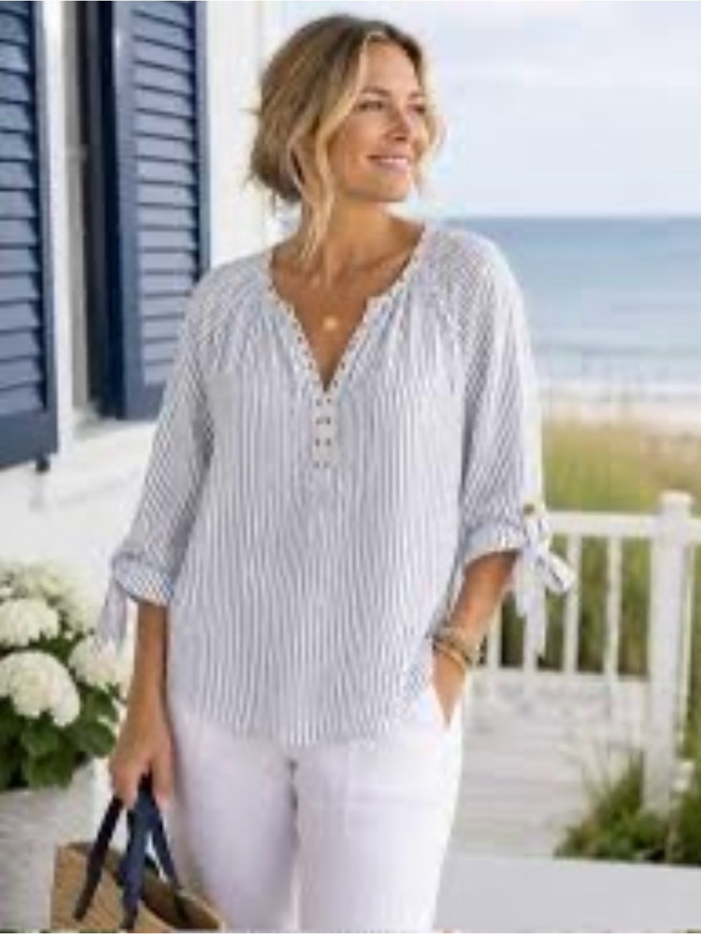 Michael Kors Blue & White Striped Tie-Sleeve Tunic